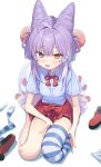  1girl absurdres blue_eyes blue_shirt blue_thighhighs cone_hair_bun double_bun hair_bun heterochromia highres long_hair looking_at_viewer pom_pom_(clothes) purple_hair red_footwear red_ribbon red_skirt ribbon rope shimenawa shirt shoes short_sleeves simple_background single_thighhigh sitting skirt smile solo stellive striped_clothes striped_thighhighs syhan tenko_shibuki thighhighs unworn_shoes virtual_youtuber wariza white_background yellow_eyes 