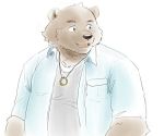  2016 anthro bear belly black_nose brown_fur clothing fur male mammal shirt simple_background slightly_chubby solo tiger_cub 