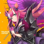  &gt;:) blue_eyes character_name detached_sleeves elizabeth_bathory_(fate) elizabeth_bathory_(fate)_(all) fate/grand_order fate_(series) grimjin hair_ornament hair_scrunchie hands_together highres horns japanese_clothes long_hair looking_at_viewer orange_background parasol pink_hair pointy_ears scrunchie solo studded two_side_up umbrella very_long_hair 