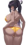  1girl ahoge alternate_costume arm_tattoo ass ass_focus ass_grab ass_visible_through_thighs back bare_shoulders bikini black_hair blue_archive blush breasts cleavage collarbone commentary curtains dark-skinned_female dark_skin from_behind gold_bikini grabbing_own_ass hair_intakes halo hands_on_ass hands_on_own_ass hands_up heavy_breathing high_ponytail highres huge_ass huge_breasts karin_(blue_archive) kuavera long_hair looking_at_viewer looking_back navel number_tattoo parted_lips ponytail presenting_ass side-tie_bikini_bottom sideboob skindentation solo stomach string_bikini sweat swimsuit symbol-only_commentary tattoo thigh_gap thighs underboob very_long_hair yellow_bikini yellow_eyes 