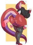  2018 absurd_res anthro big_breasts big_butt breasts butt clothed clothing cum cum_on_butt cum_on_penis disembodied_hand disembodied_penis duo female forked_tongue hi_res holding_beverage huge_butt looking_back male male/female pants pants_down pants_pull partially_clothed penis rear_view reptile scalie sex snake sweater tongue tongue_out trinity-fate62 wide_hips 