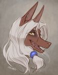  accessory anthro anubian_jackal brown_body canid canine canis deezmo digital_media_(artwork) female hair hair_accessory headshot_portrait hi_res jackal jackal_ears jesenna_(maaarked_one) looking_at_viewer mammal open_mouth portrait simple_background solo teeth white_hair yellow_eyes 