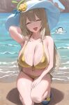  1girl bare_shoulders beach bikini blue_archive blush breasts cleavage closed_eyes collarbone day doodle_sensei_(blue_archive) front-tie_bikini_top front-tie_top green_halo halo hat highres hood_(james_x) large_breasts nonomi_(blue_archive) nonomi_(swimsuit)_(blue_archive) open_mouth outdoors sandals sensei_(blue_archive) side-tie_bikini_bottom smile solo_focus swimsuit thighs toes water white_hat yellow_bikini 
