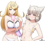  2girls :3 absurdres animal_ears between_breasts bikini blonde_hair blush breasts bubble_tea bubble_tea_challenge bubble_tea_challenge_failure cat_ears chest_jewel cleavage core_crystal_(xenoblade) cup disposable_cup drinking drinking_straw drinking_straw_in_mouth facial_mark grey_eyes grey_hair highres large_breasts motion_blur multiple_girls mythra_(xenoblade) nia_(xenoblade) nipples object_on_breast open_bikini open_clothes small_breasts smug split_mouth swimsuit undone_bikini wardrobe_malfunction xenoblade_chronicles_(series) xenoblade_chronicles_2 zambonito 