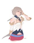  1girl arm_behind_back artist_name ashelia_b'nargin_dalmasca bare_shoulders breasts brown_eyes brown_hair cropped_legs detached_sleeves final_fantasy final_fantasy_xii gold_trim hair_between_eyes hand_in_own_hair highres looking_at_viewer medium_breasts midriff miniskirt navel pink_skirt shirt short_hair skirt solo swept_bangs upper_body vanekairi white_background white_shirt white_sleeves 