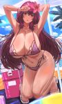  1girl absurdres armpits arms_up bare_shoulders bikini blush bracelet breasts cleavage collarbone fate/grand_order fate_(series) flower hair_between_eyes hair_flower hair_ornament hibiscus highres huge_breasts jewelry long_hair looking_at_viewer navel nuo_(fttv3255) open_mouth purple_bikini purple_hair red_eyes scathach_(fate) scathach_(swimsuit_assassin)_(fate) solo swimsuit thighs 