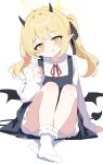  :p bad_id bad_twitter_id black_dress blue_archive candy demon_tail demon_wings dress food halo highres horns ibuki_(blue_archive) lollipop looking_at_viewer ponytail red_ribbon ribbon shirt side_ponytail sitting socks tail tongue tongue_out white_shirt white_socks wings yukisiannn 