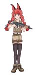  1girl alternate_costume animal_ears assault_rifle black_thighhighs blunt_bangs braid brown_footwear brown_haori caris_06 cat_ears cat_girl chinese_commentary closed_mouth commentary_request extra_ears fang full_body gun highres holding holding_gun holding_weapon kaenbyou_rin kalashnikov_rifle long_hair looking_at_viewer military_uniform red_eyes red_hair rifle side_braids solo thighhighs touhou twin_braids uniform v-shaped_eyebrows weapon 
