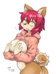  1girl black_eyes breasts breasts_covering dog furry no3512 open_mouth red_hair short_hair solo sweater 