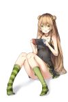  :d absurdres bangs bare_arms bare_shoulders black_choker black_dress blush bow breasts choker collarbone convenient_leg double_bun dress eyebrows_visible_through_hair full_body girls_frontline green_bow green_eyes green_legwear hair_between_eyes hair_bow handheld_game_console highres holding holding_handheld_game_console kneehighs light_brown_hair long_hair looking_at_viewer mismatched_legwear nintendo_switch no_shoes open_mouth rfb_(girls_frontline) shadow side_bun sitting sleeveless sleeveless_dress small_breasts smile sobmarine solo striped striped_legwear vertical-striped_legwear vertical_stripes very_long_hair white_background 