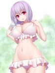  asamura_hiori bikini blush breasts cellphone commentary_request eyebrows_visible_through_hair frilled_bikini frills highres holding holding_phone large_breasts lavender_hair looking_at_viewer navel open_mouth phone pink_eyes shinjou_akane short_hair smartphone solo ssss.gridman swimsuit white_bikini 