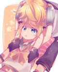  aoi_choko_(aoichoco) arms_around_neck arms_up blonde_hair blue_eyes blush brother_and_sister crop_top detached_sleeves fortissimo hands_on_another's_head headphones headset highres hug hug_from_behind kagamine_len kagamine_len_(vocaloid4) kagamine_rin kagamine_rin_(vocaloid4) leaning_on_person leg_warmers looking_at_another looking_up lying navel on_back orange_background pillow sailor_collar shirt short_hair siblings sleeveless sleeveless_shirt twins v4x vocaloid 