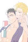  2boys ao_isami bara black_hair blonde_hair blush caressing_hand chako_(k_cya7) couple cup facial_hair forearms hand_on_another&#039;s_hand head_tilt heads_together large_pectorals lewis_smith male_focus mug multiple_boys muscular muscular_male open_clothes open_shirt pale_color pectoral_cleavage pectorals sideburns_stubble stubble thick_eyebrows yaoi yuuki_bakuhatsu_bang_bravern 