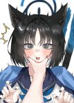  1girl absurdres animal_ear_fluff animal_ears black_fur black_hair black_nails blue_archive blue_fur blue_halo blue_sailor_collar cat_ears cat_girl cat_tail cheek_pinching commentary_request dragonchicken02 grey_eyes halo hand_on_another&#039;s_cheek hand_on_another&#039;s_face highres kikyou_(blue_archive) looking_at_viewer medium_hair meme multicolored_fur pinching pov_cheek_grabbing_(meme) sailor_collar shirt simple_background solo surprised tail white_background white_shirt 