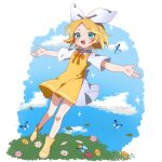 1girl :3 absurdres alternate_costume ankle_boots aqua_eyes blonde_hair blouse blue_butterfly blue_sky boots bow bow_hairband bug butterfly chibi cloud collared_shirt dress flower full_body grass hair_bow hairband highres kagamine_rin light_blush looking_at_viewer mototaku neck_ribbon orange_ribbon outstretched_arms pinafore_dress ribbon shirt short_dress short_hair sky sleeveless sleeveless_dress smile sparkle_background standing standing_on_one_leg two-tone_dress vocaloid white_bow white_hairband white_shirt yellow_dress yellow_footwear 