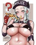  1girl ? black_cape breasts cape cheese_trail demon demon_girl demon_horns food gloves grey_hair helltaker highres holding holding_food holding_pizza horns justice_(helltaker) large_breasts long_hair looking_at_viewer navel pellmenn pizza red_gloves shiny_skin white_hair 
