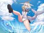  1girl bikini blue_eyes blue_hair blush cetacean_tail common_bottlenose_dolphin_(kemono_friends) dolphin_girl dorsal_fin fins fish_tail frilled_bikini frills grey_hair highres jacket jacket_over_swimsuit kemono_friends kemono_friends_3 looking_at_viewer mo23 multicolored_hair one_eye_closed short_hair smile solo swimsuit tail water white_hair 