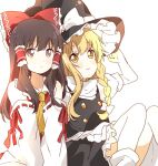 2girls apron ascot black_vest blonde_hair bow braid brown_eyes brown_hair closed_mouth commentary detached_sleeves frilled_bow frilled_hair_tubes frills hair_bow hair_tubes hakurei_reimu hand_on_headwear hat hat_bow kirisame_marisa light_blush long_hair multiple_girls puffy_short_sleeves puffy_sleeves red_bow ribbon-trimmed_sleeves ribbon_trim sasaki_sakiko short_sleeves side_braid single_braid sitting smile touhou vest waist_apron white_apron white_bow witch_hat yellow_ascot yellow_eyes 