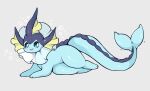  2017 3_toes anthro blue_body blue_skin cute_fangs eeveelution feet generation_1_pokemon grey_background liteee looking_at_viewer lying nintendo on_side open_mouth open_smile pokemon pokemon_(species) simple_background smile solo sparkles toes vaporeon 