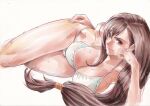  1girl bare_shoulders bikini breasts brown_eyes brown_hair cleavage closed_mouth feet_out_of_frame final_fantasy final_fantasy_vii final_fantasy_vii_rebirth final_fantasy_vii_remake hair_behind_ear hair_between_eyes hair_tie head_on_hand highres large_breasts long_hair looking_at_viewer low-tied_long_hair lying on_side rodrigo_yoshimiya smile solo swimsuit thighs tifa_lockhart wet white_background white_bikini 