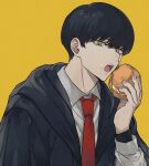  1boy black_hair black_robe collared_shirt cream_puff facial_mark food highres long_sleeves m_aizw mash_burnedead mashle necktie open_mouth red_necktie robe shirt short_hair solo white_shirt yellow_background yellow_eyes 