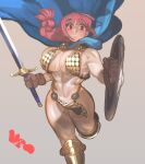  1girl abs absurdres armor armored_boots bikini_armor blue_cape blush boots braid breasts brown_gloves cape chainmail gloves gold_armor highres holding holding_shield holding_sword holding_weapon keziedra large_breasts loincloth muscular muscular_female one_piece open_mouth parted_lips pelvic_curtain pink_hair rebecca_(one_piece) shield single_braid sweat sweatdrop sword weapon 