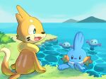  black_eyes blue_eyes blue_sky brown_fur buizel caustics closed_mouth day facial_mark fang grass mudkip multiple_tails no_humans open_mouth outdoors pokemon pokemon_(creature) sitting sky smile tail two_tails water whisker_markings wile-z-kitsune wooper 