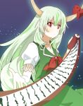  1girl bow breasts cleavage commentary_request dress ex-keine green_dress green_hair highres horn_bow horn_ornament horns kamishirasawa_keine long_hair looking_at_viewer red_bow red_eyes ribbon sasaki_sakiko scroll short_sleeves solo tail touhou very_long_hair 