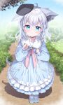  1girl absurdres aged_down ahoge animal_ear_fluff animal_ears aqua_eyes black_choker black_hat blue_dress blush bow braid choker commentary_request crossed_bangs dress fox_ears fox_girl fox_tail frilled_dress frilled_sailor_collar frills full_body grey_hair hair_between_eyes hair_bow hands_up hat highres hololive kio_is_here long_hair long_sleeves looking_at_viewer mini_hat parted_lips pentagram sailor_collar shirakami_fubuki shoes single_braid socks solo standing tail virtual_youtuber white_sailor_collar white_socks 