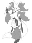  2024 3_toes 4_fingers anthro apron arm_tuft black_and_white breasts canid canine clothed clothing delphox feet female female_anthro fingers fur generation_6_pokemon hi_res holding_object holding_spatula holding_tool inner_ear_fluff kame_3 kemono long_tail looking_at_viewer mammal monochrome nintendo pokemon pokemon_(species) side_view simple_background smile solo spatula standing tail toes tools tuft white_background 