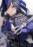  1girl absolution_(genshin_impact) ascot blue_ascot blue_capelet blue_hair capelet clorinde_(genshin_impact) genshin_impact gloves grin hat highres holding holding_sword holding_weapon long_hair looking_at_viewer parted_lips purple_eyes smile solo sword tricorne upper_body val_(sleepyvalerie) weapon white_gloves 