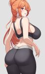 ass black_pants black_sports_bra breasts curvy earrings feather_earrings feathers from_behind grey_background high_ponytail highres hololive hololive_english jewelry large_breasts orange_hair pants ponytail purple_eyes simple_background sports_bra strap_gap takanashi_kiara virtual_youtuber wide_hips yoga_pants zeropen 