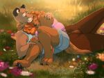 anthro athletic athletic_anthro athletic_female bird_dog bottomwear brown_body brown_fur canid canine canis clothed clothing cocker_spaniel cuddling detailed_background digital_media_(artwork) domestic_dog duo embrace eyes_closed female female/female flower fur grass grass_field hand_holding head_on_chest hi_res hug hunting_dog larger_female lesbian_pride_colors lgbt_pride mammal mature_female muscular muscular_female orange_lesbian_pride_colors outside overweight overweight_anthro overweight_female pawpads plant pride_colors reclining reclining_pose riley_(thatgaygoat) romantic romantic_ambiance romantic_couple shirt shorts size_difference sloan_(thatgaygoat) smile spaniel tail tank_top thatgaygoat thick_thighs topwear