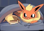  bed_invitation blanket blush commentary_request eevee flareon full_body lets0020 looking_at_viewer no_humans open_mouth pokemon pokemon_(creature) smile under_covers 