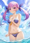  1girl absurdres ahoge blue_hair blue_nails blush braid breasts chino0803 colored_inner_hair highres hololive large_breasts long_hair looking_at_viewer minato_aqua multicolored_hair pink_hair purple_eyes purple_hair solo streaked_hair swimsuit twintails two-tone_hair virtual_youtuber water 