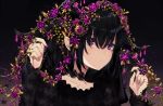  achiki bangs black_background black_dress black_hair blush brown_background collarbone commentary_request dress eyebrows_visible_through_hair fingernails flower gradient gradient_background hair_between_eyes hair_ornament hands_up long_hair long_sleeves original parted_lips purple_eyes purple_flower purple_rose rose sleeves_past_wrists solo upper_body 