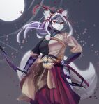  1girl :3 animal_ears black_sclera black_shirt bow_(weapon) breasts brown_shirt closed_mouth colored_sclera commentary_request falling_petals feet_out_of_frame floating_hair full_moon furry furry_female grey_background hair_ribbon hakurou_(onmyoji) hip_vent holding holding_bow_(weapon) holding_weapon katana large_breasts lets0020 long_hair long_skirt looking_at_viewer moon onmyoji orange_eyes parted_bangs petals pleated_skirt red_ribbon red_skirt ribbon sheath sheathed shirt skirt slit_pupils smile solo split-color_clothes sword tail thighhighs two-tone_shirt vambraces weapon white_hair white_thighhighs wolf_ears wolf_girl wolf_tail 