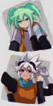  blue_eyes blush embarrassed eyewear_on_head fei_rune green_eyes green_hair hand_on_another&#039;s_cheek hand_on_another&#039;s_face happy inazuma_eleven_(series) inazuma_eleven_go inazuma_eleven_go_chrono_stone non-web_source saryuu_evan surrounded 