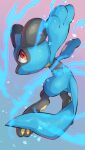  aura black_fur blue_background blue_fur blue_tail gradient_background highres looking_at_viewer no_humans nullma open_mouth pink_background pokemon pokemon_(creature) red_eyes riolu solo two-tone_background two-tone_fur 