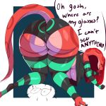  2018 absurd_res all_fours anthro armwear big_breasts big_butt big_thighs biped breasts butt clothing dialogue digital_media_(artwork) elbow_gloves elyssa_(trinity-fate62) english_text eyelashes eyewear fangs female glasses gloves hair hi_res huge_butt huge_hips legwear long_hair panties rear_view red_hair reptile scalie shirt snake solo speech_bubble stockings tank_top text thick_thighs thigh_highs trinity-fate62 two_tone_background under_boob underwear voluptuous wide_hips yellow_sclera 