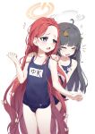  2girls absurdres bare_arms bare_legs bare_shoulders black_hair black_one-piece_swimsuit blue_archive blue_eyes blush bow closed_eyes collarbone daeyu_k grey_halo hair_bow halo highres leaf leaf_on_head long_hair miyu_(blue_archive) multiple_girls name_tag one-piece_swimsuit open_mouth red_hair school_swimsuit simple_background swimsuit white_background white_bow yellow_halo yuzu_(blue_archive) 