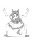  1girl animal_ears arms_up bow bowtie chipushishi clenched_hands commentary ear_covers full_body greyscale highres horse_ears horse_girl horse_tail king_halo_(umamusume) loafers long_hair looking_at_viewer monochrome open_mouth pleated_skirt puffy_short_sleeves puffy_sleeves sailor_collar sailor_shirt school_uniform serafuku shirt shoes short_sleeves simple_background skirt solo tail thighhighs tracen_school_uniform umamusume white_background 