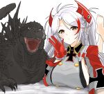  1girl azur_lane barefoot breasts brown_eyes claws gloves godzilla godzilla_(series) godzilla_minus_one hand_up highres ibuki_(tulta_icon) large_breasts long_hair long_sleeves looking_at_viewer monster prinz_eugen_(azur_lane) puffy_long_sleeves puffy_sleeves red_gloves striped_hair tail twintails white_hair 