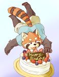  2016 anthro blue_background cake clothing food humanoid_hands male mammal red_panda shirt shorts simple_background solo tiger_cub 