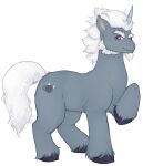  2021 alphabittle_blossomforth_(mlp) beard cutie_mark equid equine eyebrows facial_hair feathering feet feral freckled_face freckles fur grey_body grey_fur hair hasbro hi_res hooves horn looking_at_viewer male male_feral mammal meep_(artist) mlp_g5 my_little_pony mythological_creature mythological_equine mythology one_leg_up purple_eyes quadruped raised_leg shaded short_hair smile solo standing tail teapot unicorn white_hair 