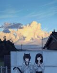  2girls against_wall animal_ears bag black_eyes black_hair blue_sailor_collar blue_sky bread cat cat_ears cat_girl cat_tail closed_mouth cloud cloudy_sky commentary_request dawn eating food highres holding holding_food holding_with_tail house long_hair long_sleeves looking_at_viewer melon_bread multiple_girls neckerchief open_mouth original outdoors plastic_bag prehensile_tail red_neckerchief sailor_collar sakiika0513 school_uniform serafuku shirt shopping_bag short_hair_with_long_locks sky star_(sky) tail taiyaki upper_body wagashi white_shirt wide_shot 