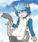  1girl acky05_wolf blue_eyes blue_hair furry open_mouth short_hair snow_leopard solo stocking 