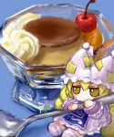  animal_hat blonde_hair blue_tabard blush bowl cherry closed_mouth commentary dress food fox_tail frilled_dress frilled_sleeves frills fruit fumo_(doll) hat holding holding_spoon kitsune long_sleeves mob_cap multiple_tails oversized_spoon pudding short_hair sitting socks spoon symbol-only_commentary tabard tail touhou whipped_cream white_socks yakumo_ran yakumora_n yellow_eyes 