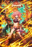  1girl age_of_ishtaria bare_shoulders blush burning closed_mouth club_(weapon) copyright_notice earrings fang fire full_body highres holding holding_club holding_weapon horns jewelry leg_tattoo looking_at_viewer munlu_(wolupus) navel official_art oni panties red_eyes red_hair shuten_(age_of_ishtaria) single_horn skull_earrings solo standing tattoo thigh_strap underwear weapon 