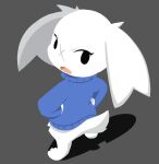  2022 anthro black_eyes blue_clothing blue_sweater blue_topwear bottomless bottomless_anthro bottomless_female cave_story clothed clothing eyelashes facial_scar female female_anthro floppy_ears fur grey_background hands_on_hips hi_res lagomorph looking_at_viewer looking_back looking_back_at_viewer lop_ears mammal mimiga open_mouth pink_tongue scar scar_on_face scut_tail shadow short_tail simple_background solo standing sue_sakamoto sweater sweater_only tail tongue topwear topwear_only vulapa white_body white_ears white_fur white_tail x_scar 